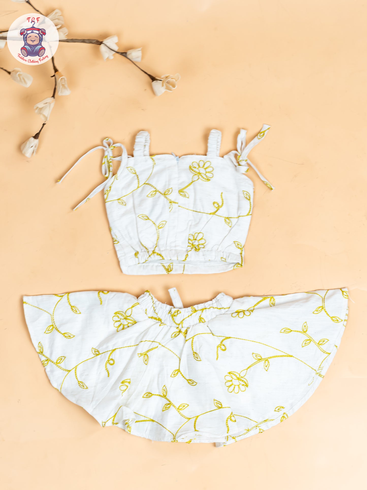 Half White & Green - Girls Floral Printed Crop Top & Skirt