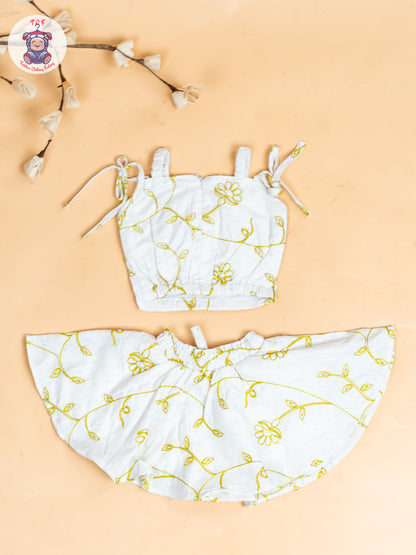 Half White & Green - Girls Floral Printed Crop Top & Skirt