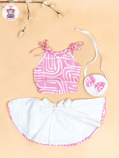 Rose Pink - Girls Crop Top & Skirt With Zip Bag
