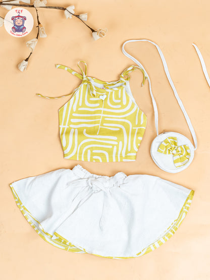 Light Green - Girls Crop Top & Skirt With Zip Bag