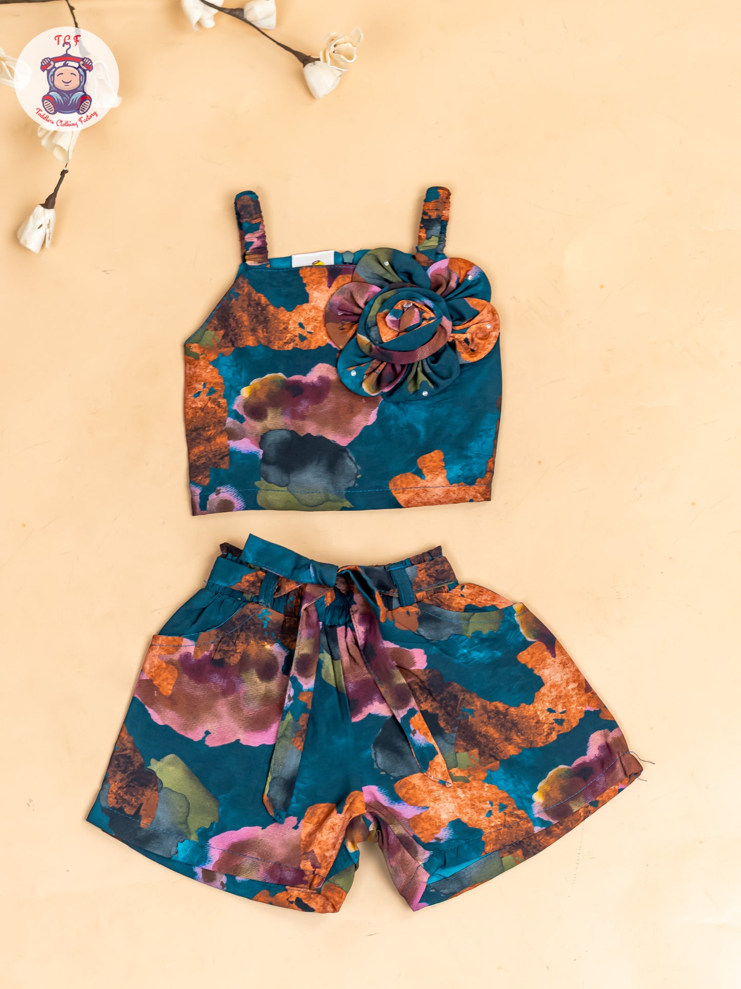 Light Green  - Girls Floral Printed Crop Top & Shorts