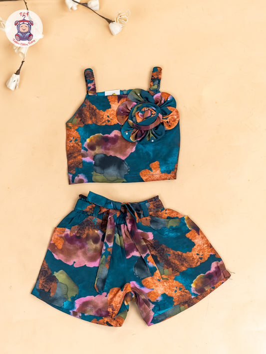 Light Green  - Girls Floral Printed Crop Top & Shorts
