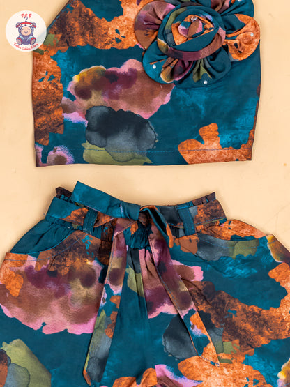Light Green  - Girls Floral Printed Crop Top & Shorts