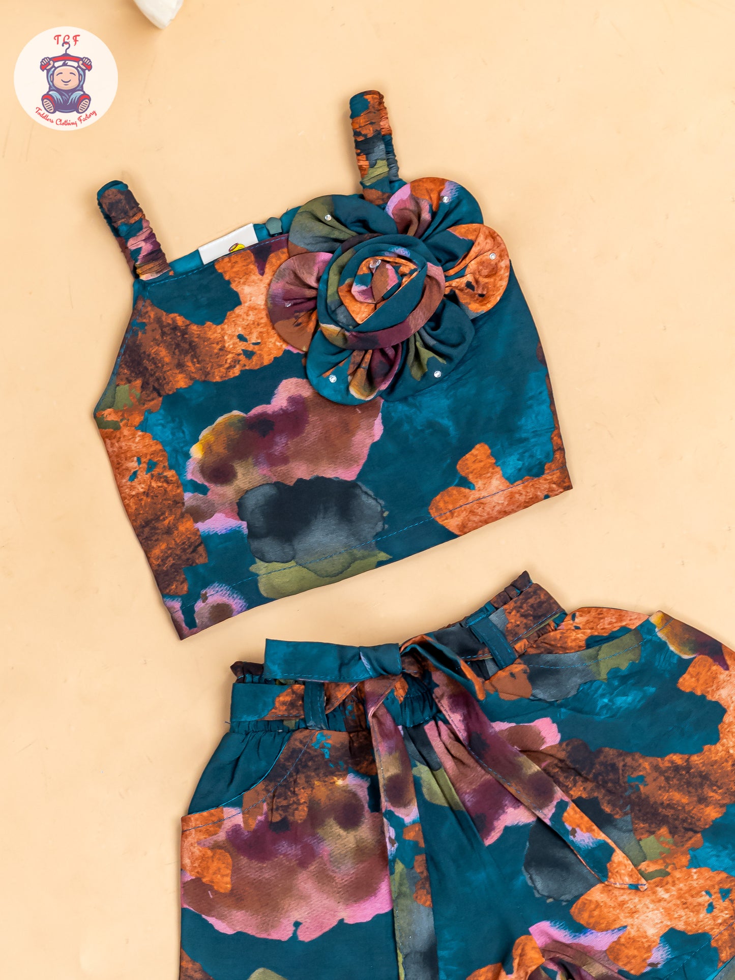 Light Green  - Girls Floral Printed Crop Top & Shorts