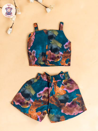 Light Green  - Girls Floral Printed Crop Top & Shorts