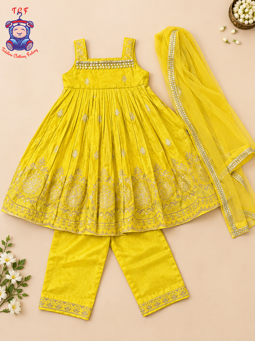 Mustard Yellow Blossom Embroidered Sharara Set for Girls