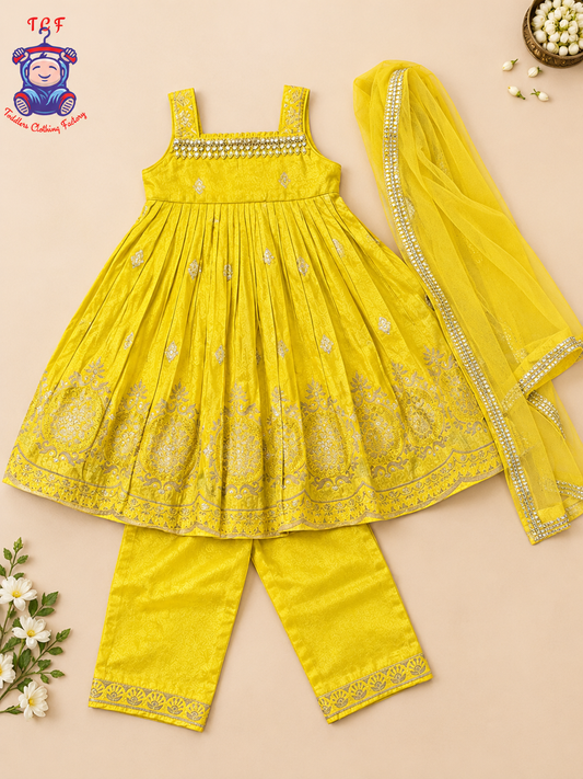 Mustard Yellow Blossom Embroidered Sharara Set for Girls