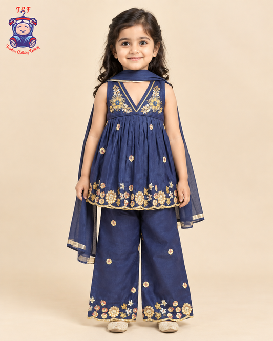 Royal Blue Floral Elegance – Girls’ Ethnic Palazzo Set