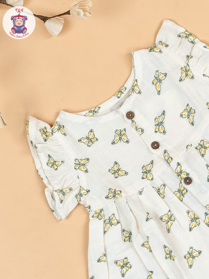 White & Green - Butterfly Girls Muslin Frocks