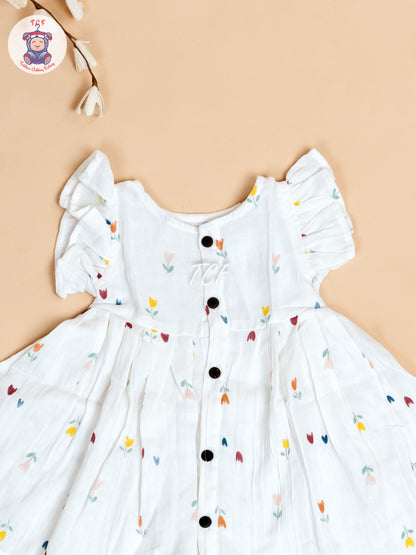 White Floral - Girls Muslin Frocks