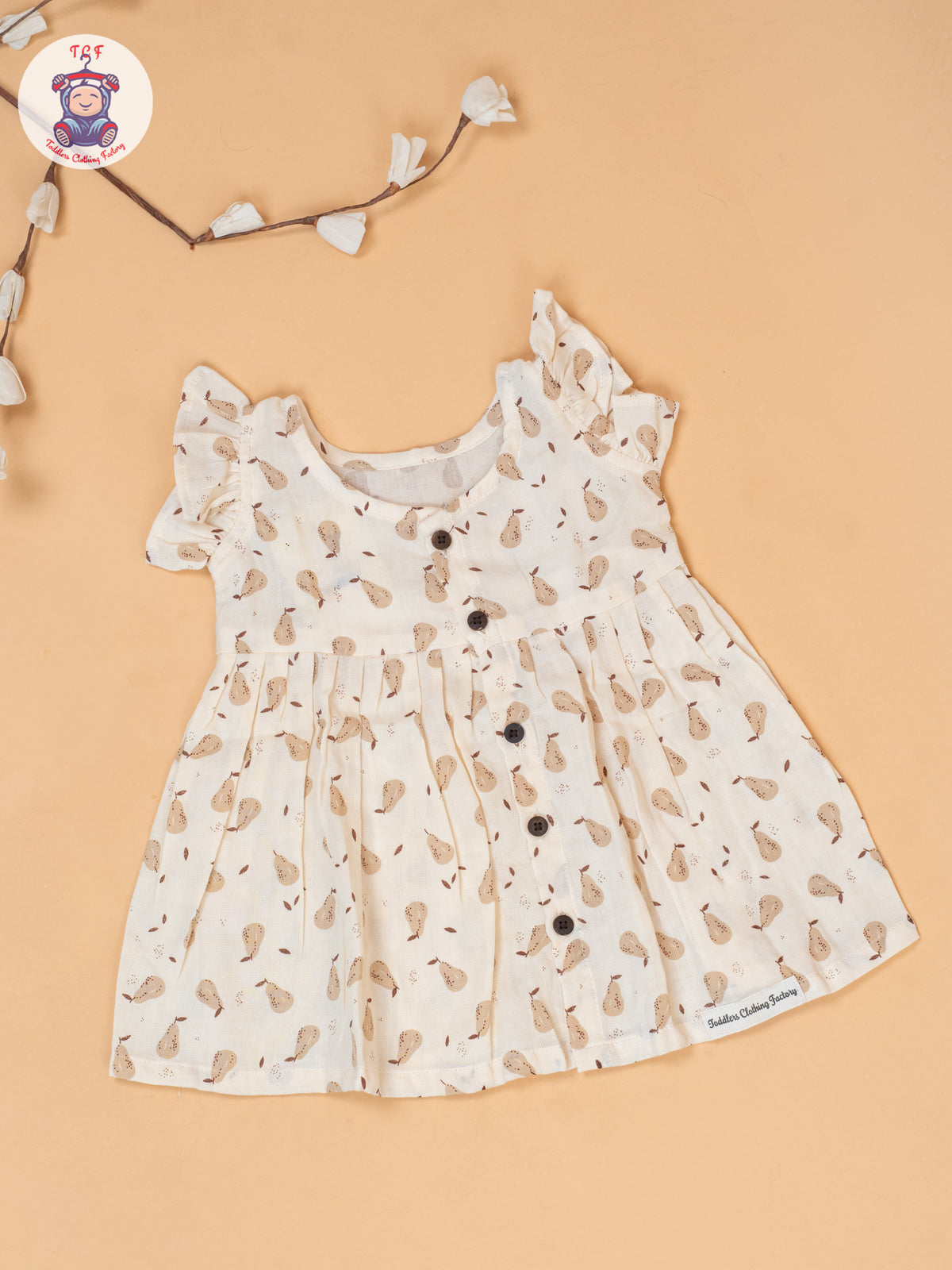 Cream - Girls Printed Muslin Frocks