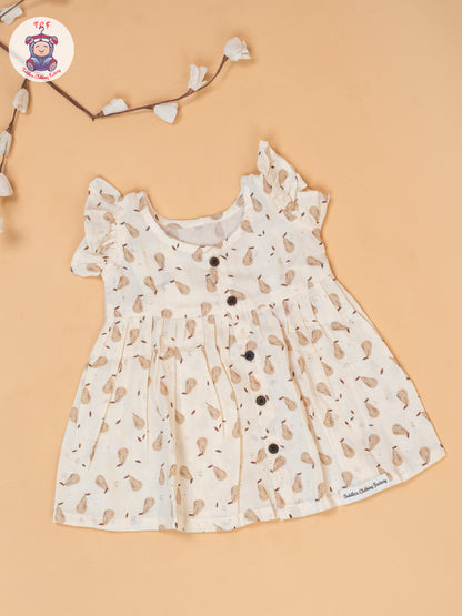 Cream - Girls Printed Muslin Frocks