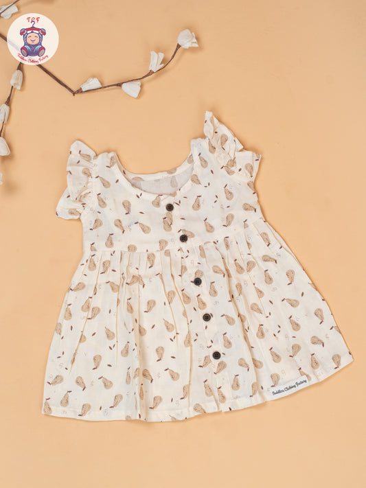 Cream - Girls Printed Muslin Frocks