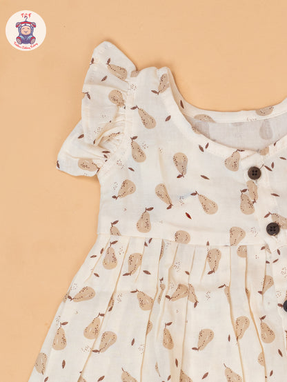 Cream - Girls Printed Muslin Frocks