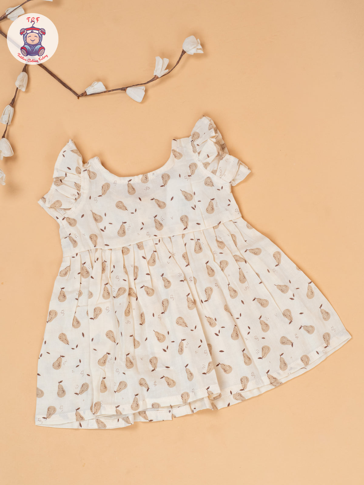 Cream - Girls Printed Muslin Frocks