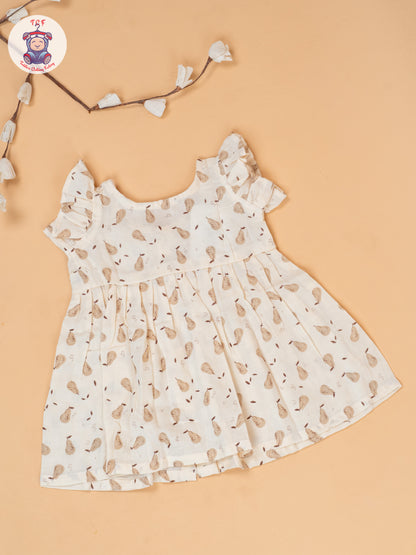Cream - Girls Printed Muslin Frocks