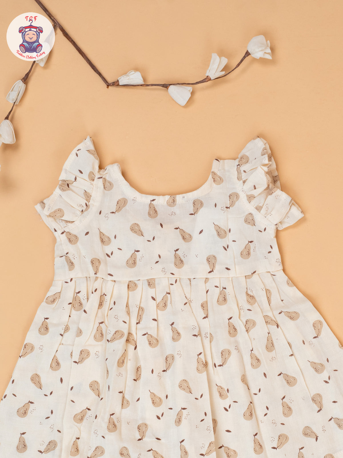 Cream - Girls Printed Muslin Frocks