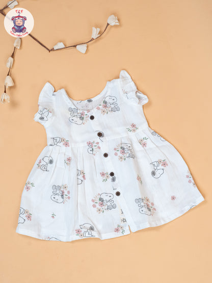 White - Girls Floral Printed Muslin Frocks