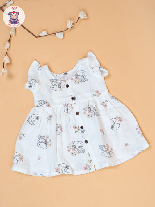 White - Girls Floral Printed Muslin Frocks