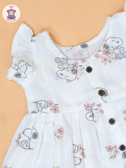 White - Girls Floral Printed Muslin Frocks