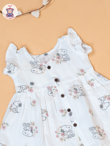 White - Girls Floral Printed Muslin Frocks