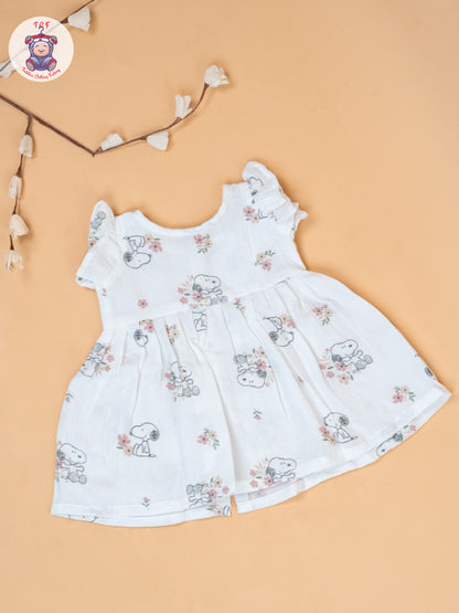 White - Girls Floral Printed Muslin Frocks
