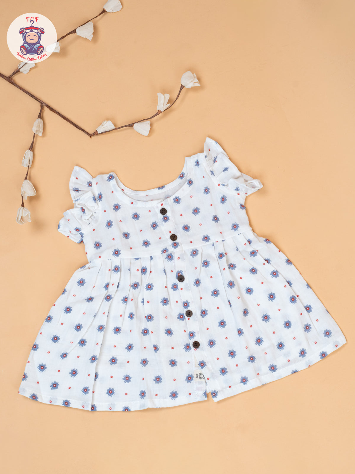 White - Girls Grey Floral Printed Muslin Frocks