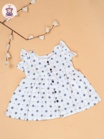 White - Girls Grey Floral Printed Muslin Frocks