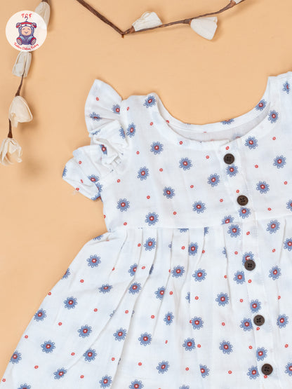White - Girls Grey Floral Printed Muslin Frocks