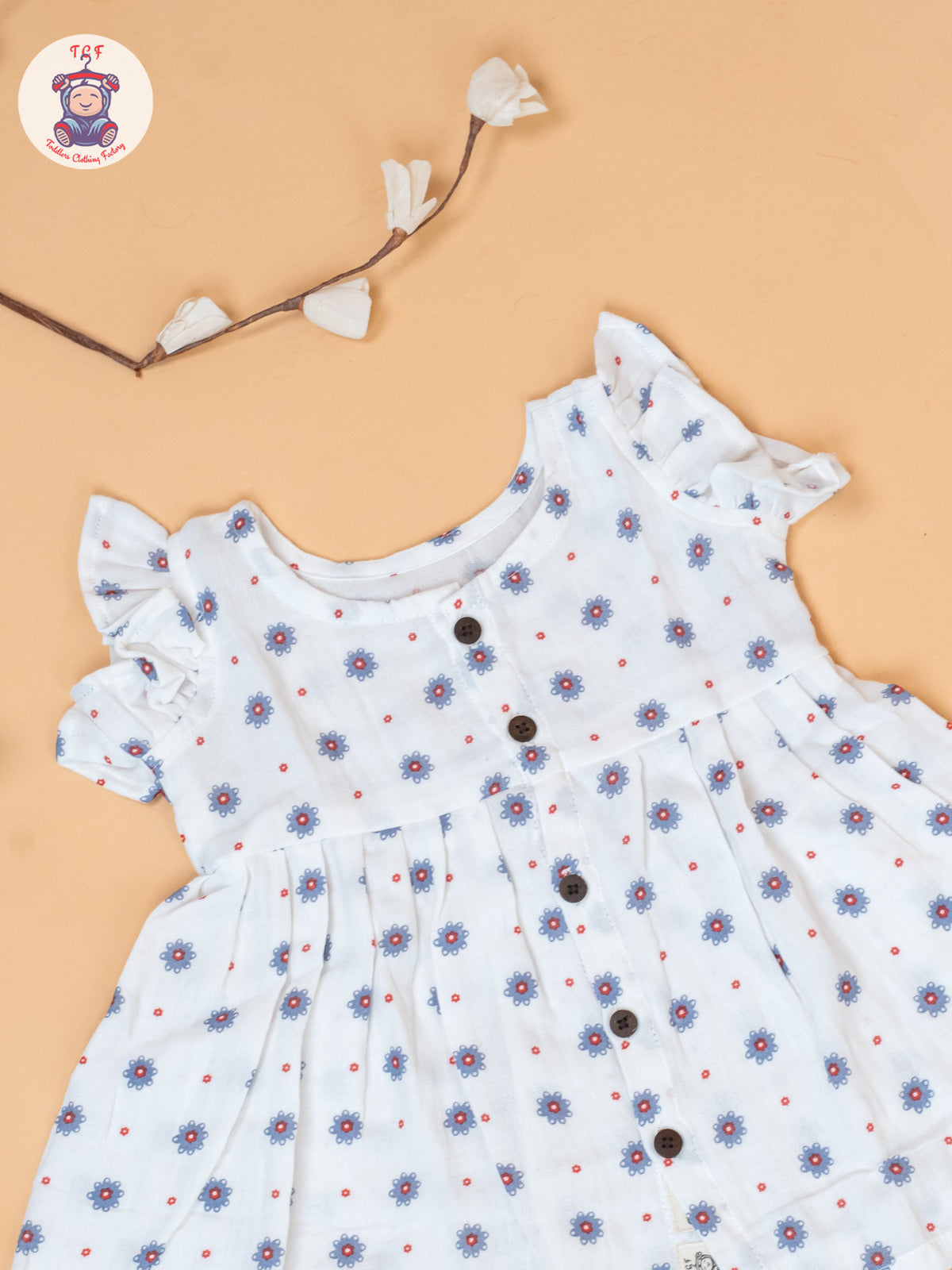 White - Girls Grey Floral Printed Muslin Frocks