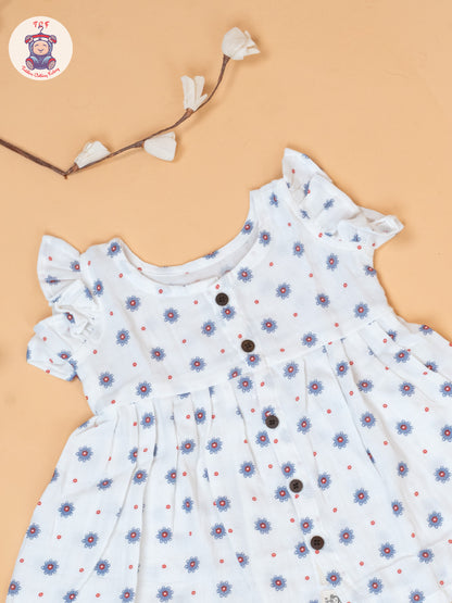White - Girls Grey Floral Printed Muslin Frocks