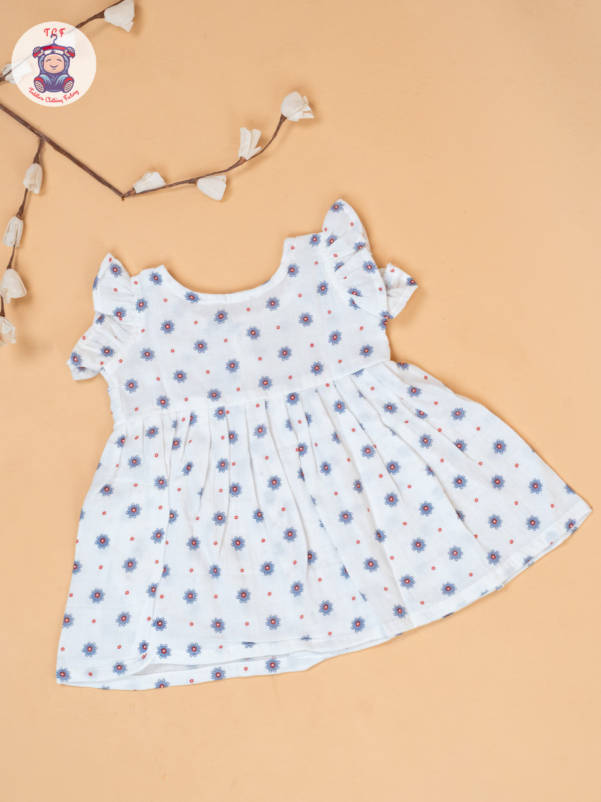 White - Girls Grey Floral Printed Muslin Frocks