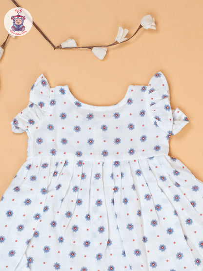 White - Girls Grey Floral Printed Muslin Frocks