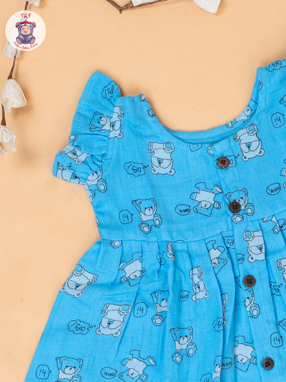 Blue - Teddy Printed Muslin Frocks