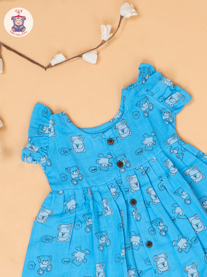 Blue - Teddy Printed Muslin Frocks
