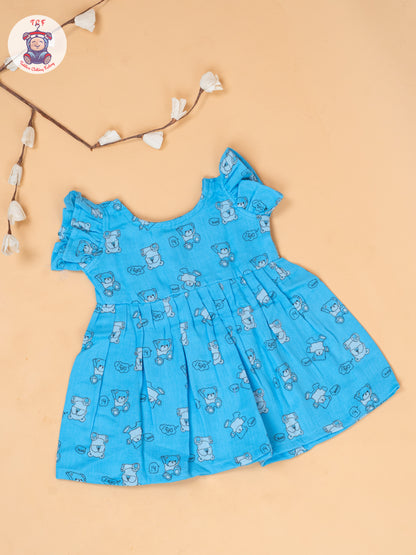 Blue - Teddy Printed Muslin Frocks