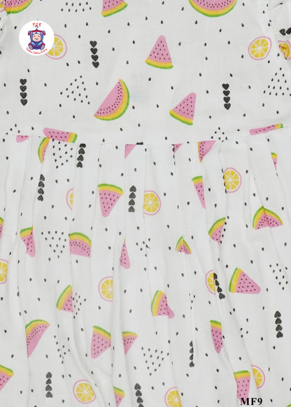 White & Watermelon - Girls Readymade Muslin Frocks