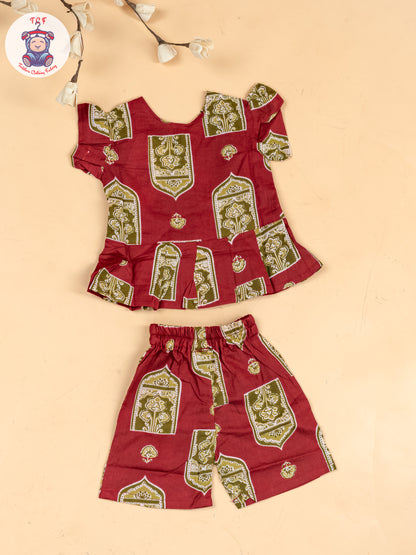 Maroon & Grey  - Girls Ajrakh Printed Co-ords Sets