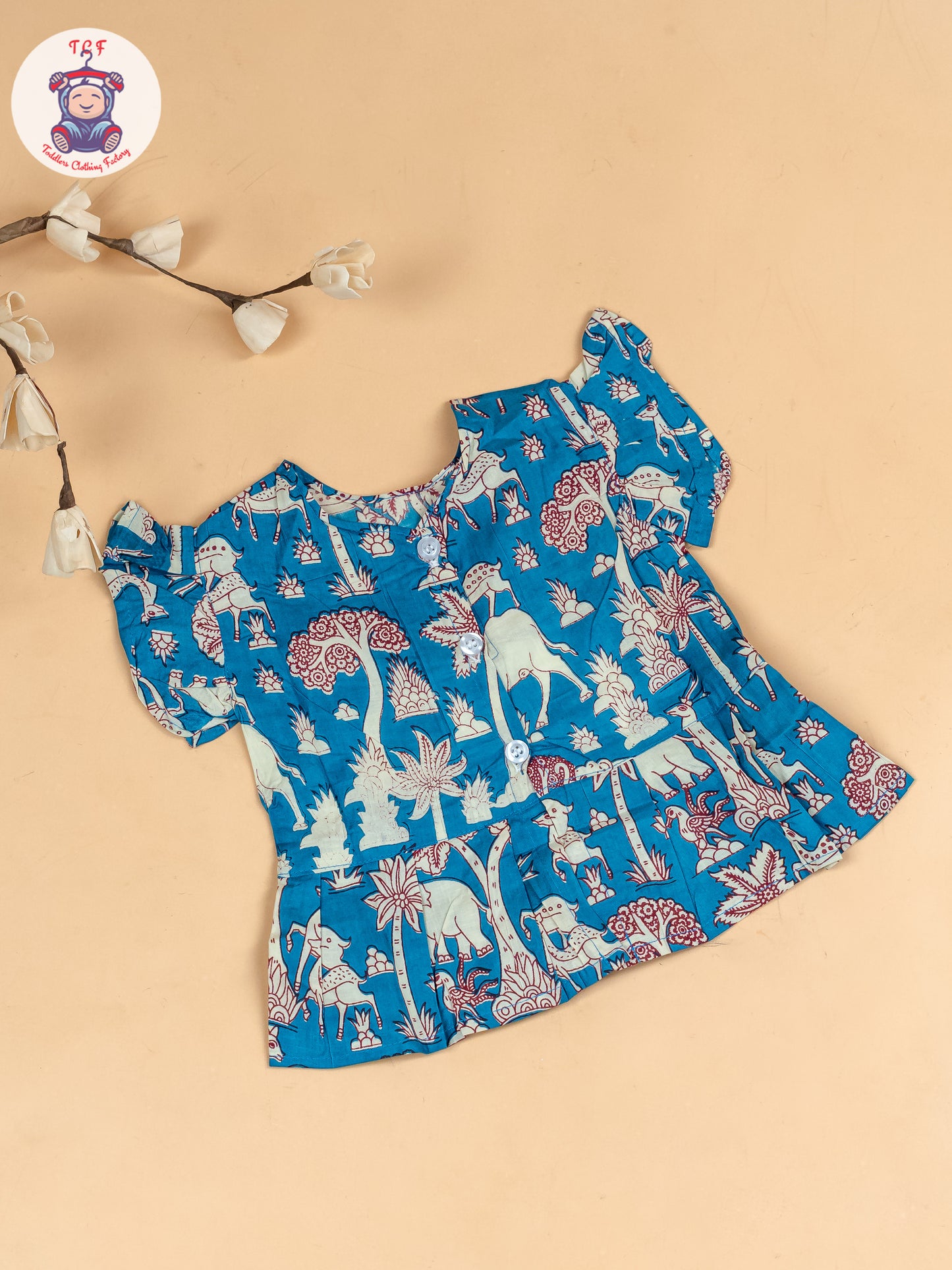 Sky Blue & White  - Girls Kalamkari Printed Co-ords Sets