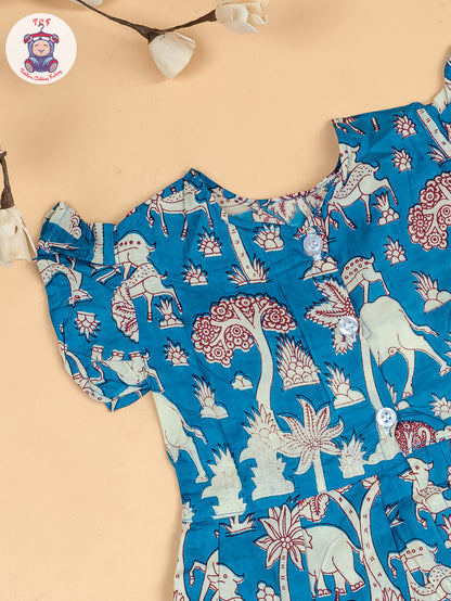 Sky Blue & White  - Girls Kalamkari Printed Co-ords Sets