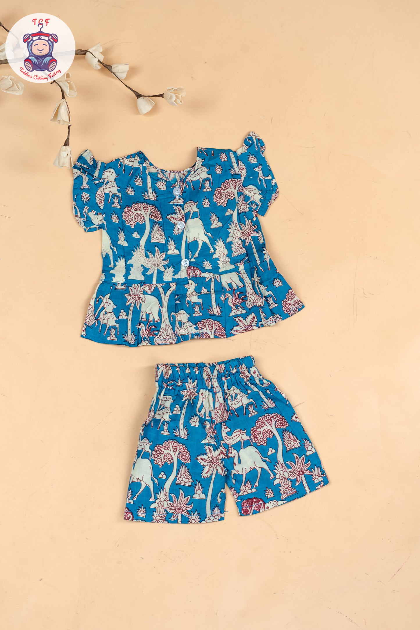 Sky Blue & White  - Girls Kalamkari Printed Co-ords Sets