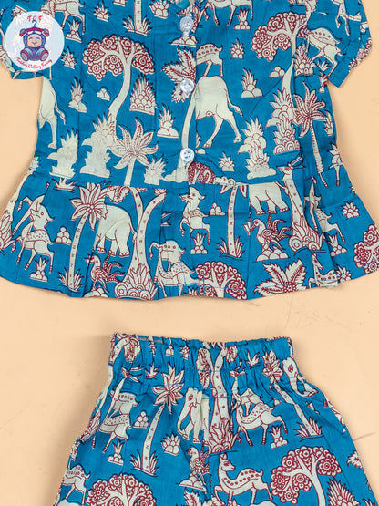Sky Blue & White  - Girls Kalamkari Printed Co-ords Sets