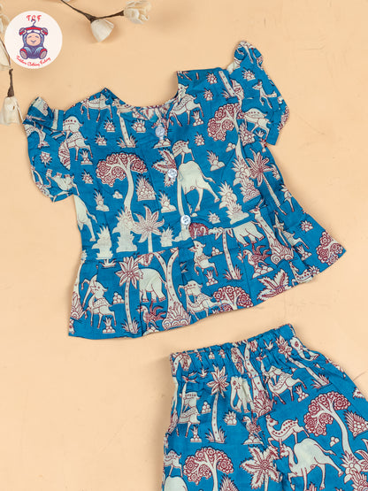 Sky Blue & White  - Girls Kalamkari Printed Co-ords Sets