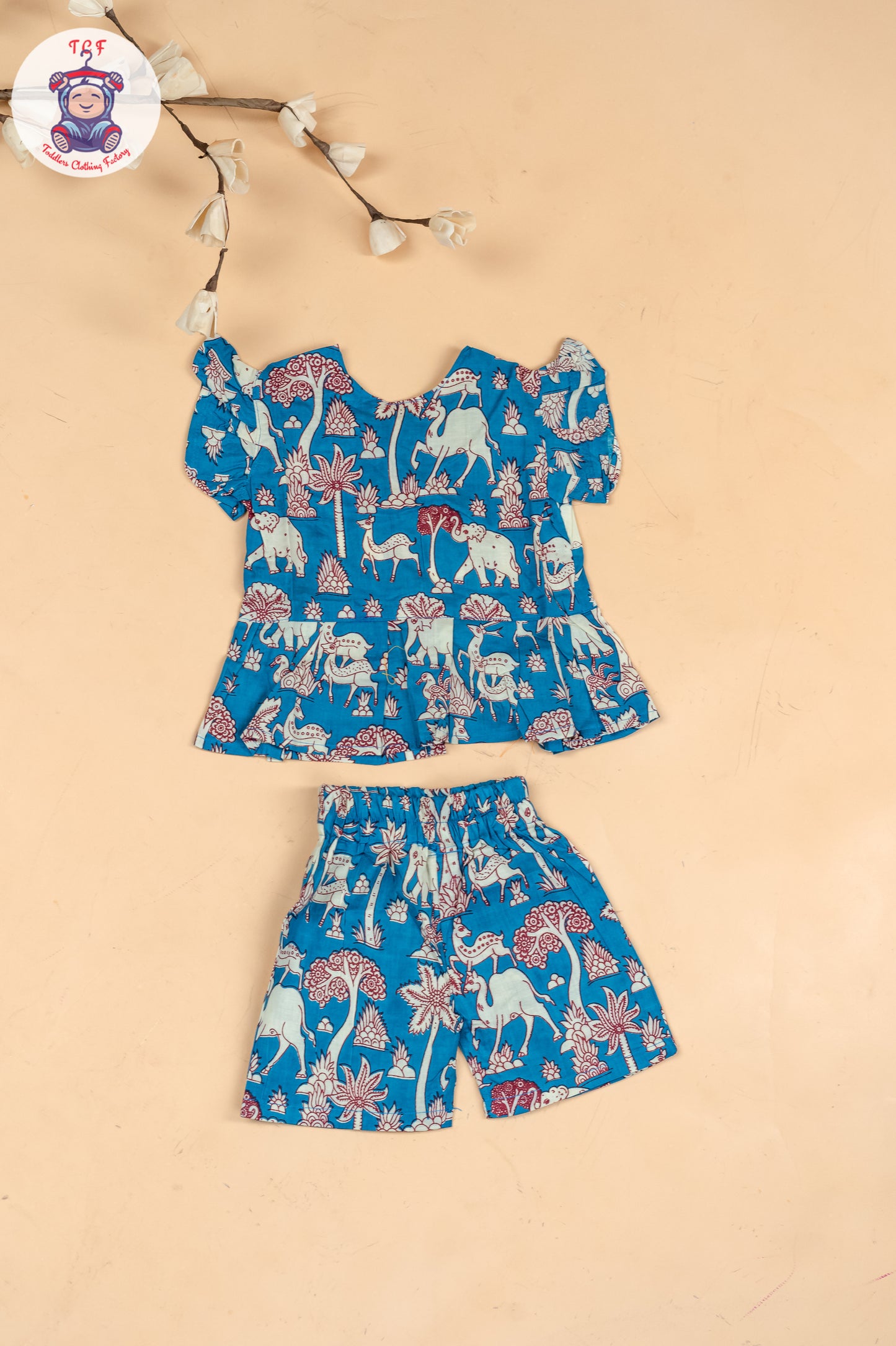 Sky Blue & White  - Girls Kalamkari Printed Co-ords Sets