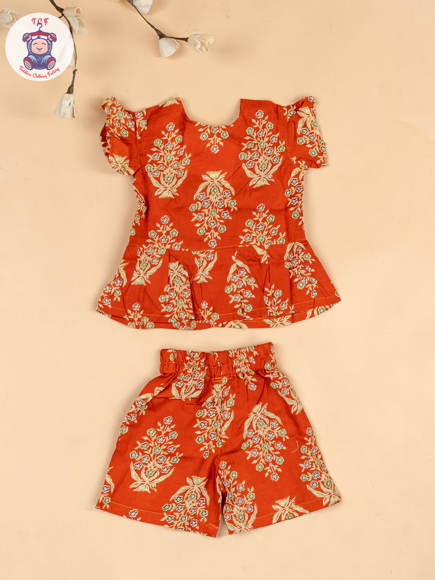 Rust Orange & Cream  - Girls Floral Printed Co-ords Sets