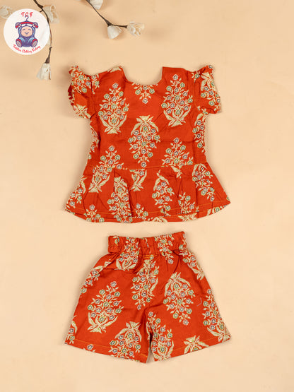 Rust Orange & Cream  - Girls Floral Printed Co-ords Sets