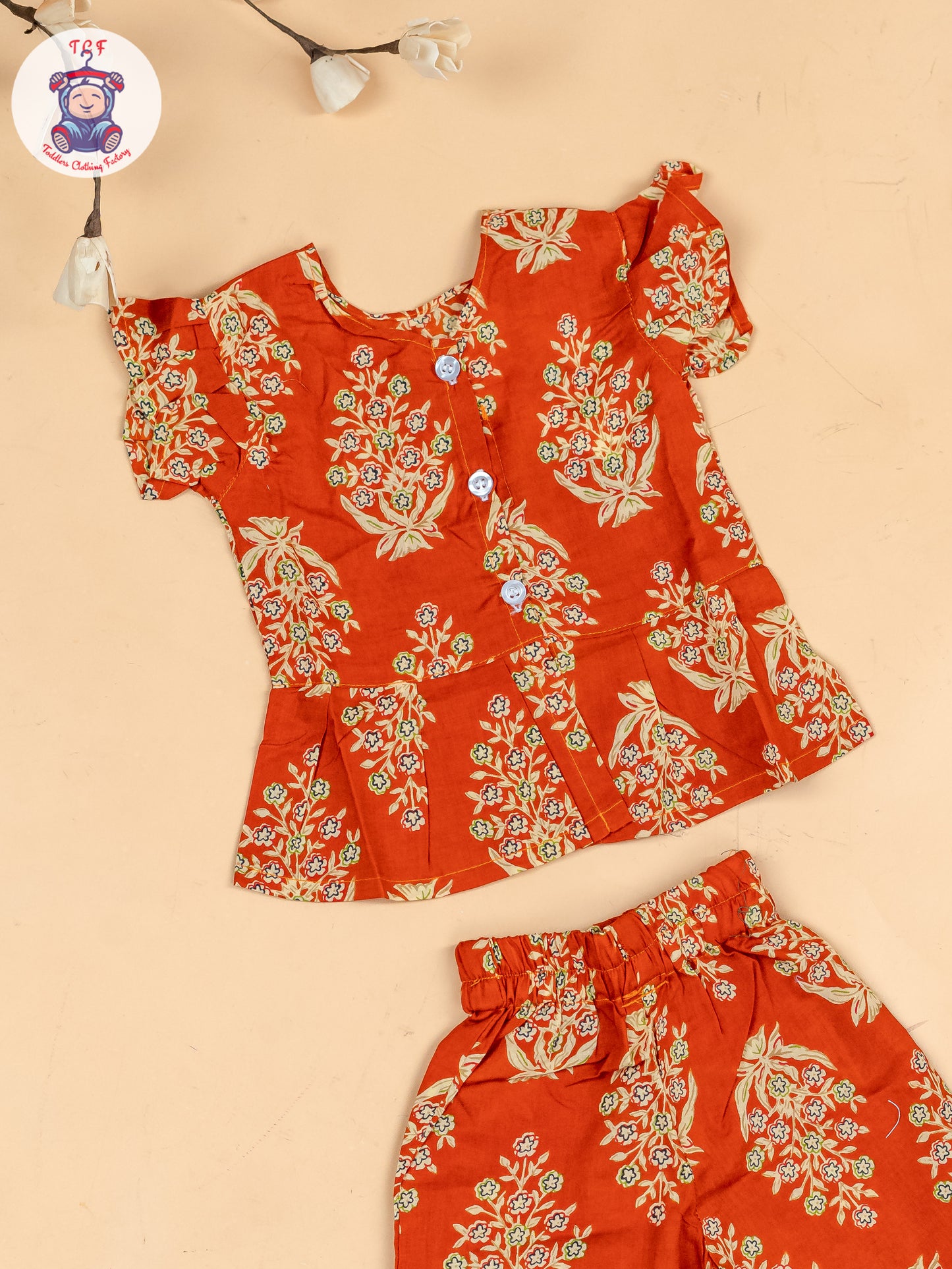 Rust Orange & Cream  - Girls Floral Printed Co-ords Sets