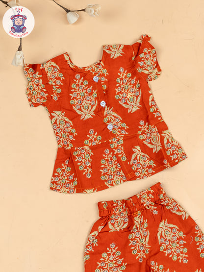 Rust Orange & Cream  - Girls Floral Printed Co-ords Sets