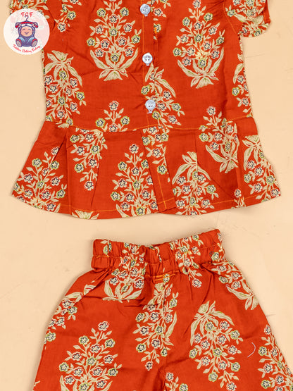 Rust Orange & Cream  - Girls Floral Printed Co-ords Sets