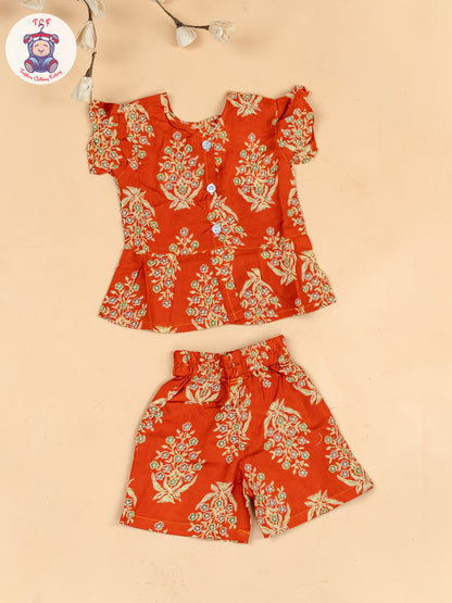 Rust Orange & Cream  - Girls Floral Printed Co-ords Sets